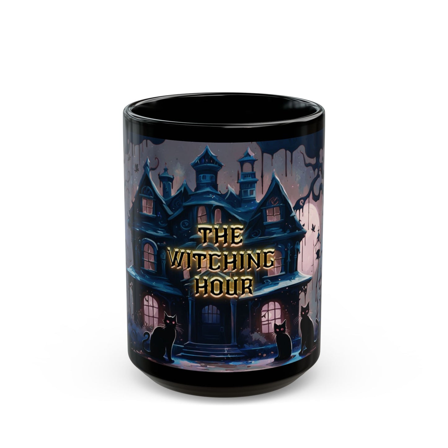 Gothic Haunted House Mug: Spooky Black Cat Halloween Coffee Cup