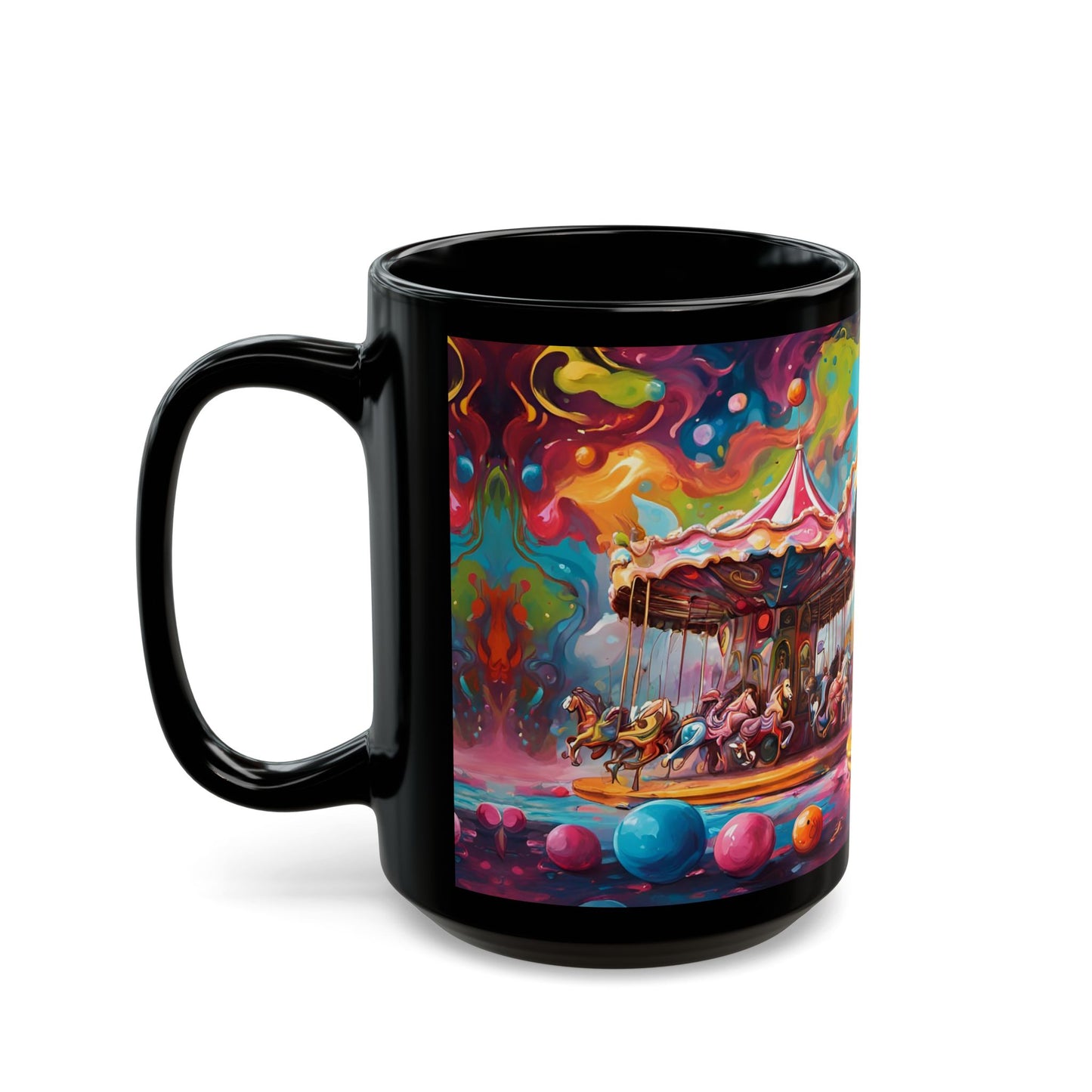 Psychedelic Circus Coffee Mug: Unique Clown Art Black Ceramic Cup