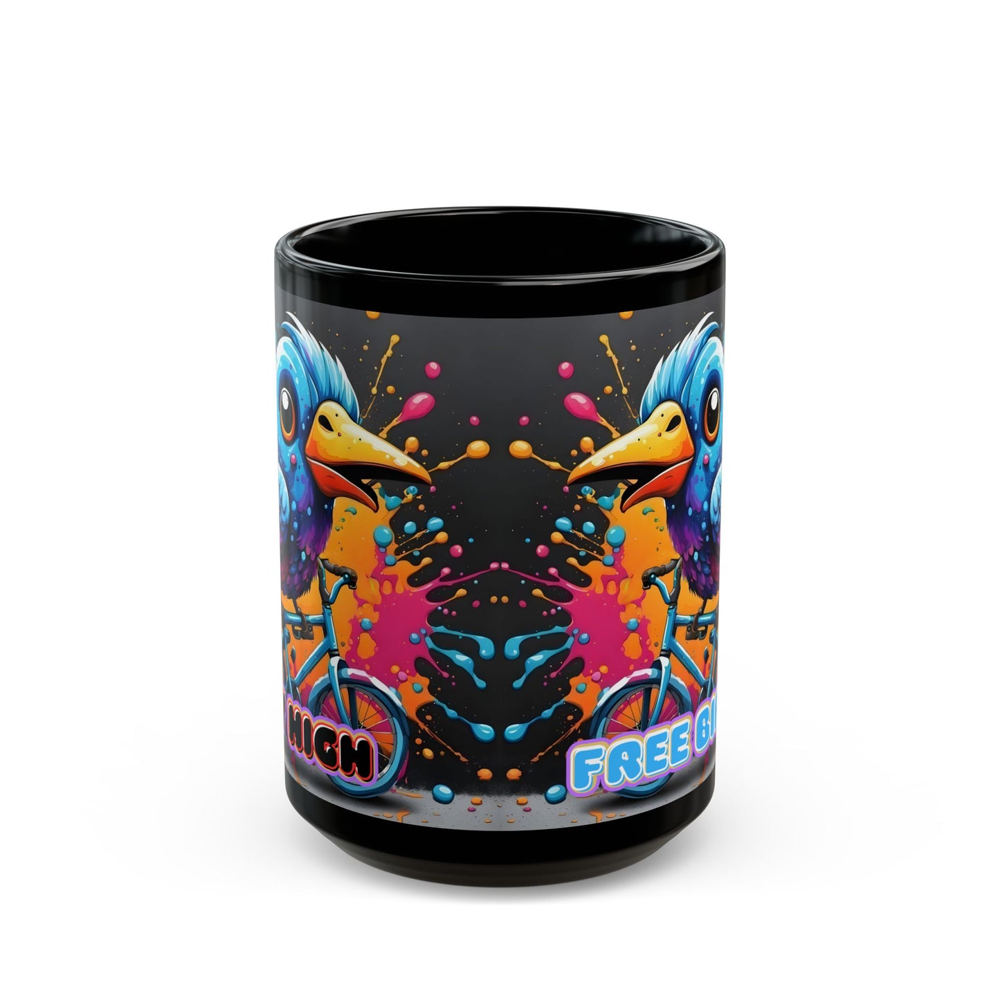 Free Bird Coffee Mug: Colorful Cycling Bird Art, Black Ceramic