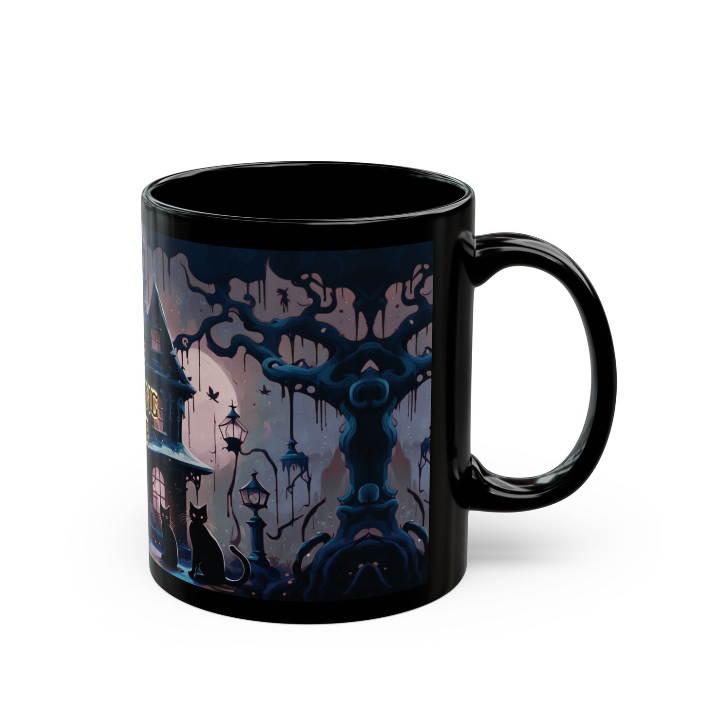 Gothic Haunted House Mug: Spooky Black Cat Halloween Coffee Cup