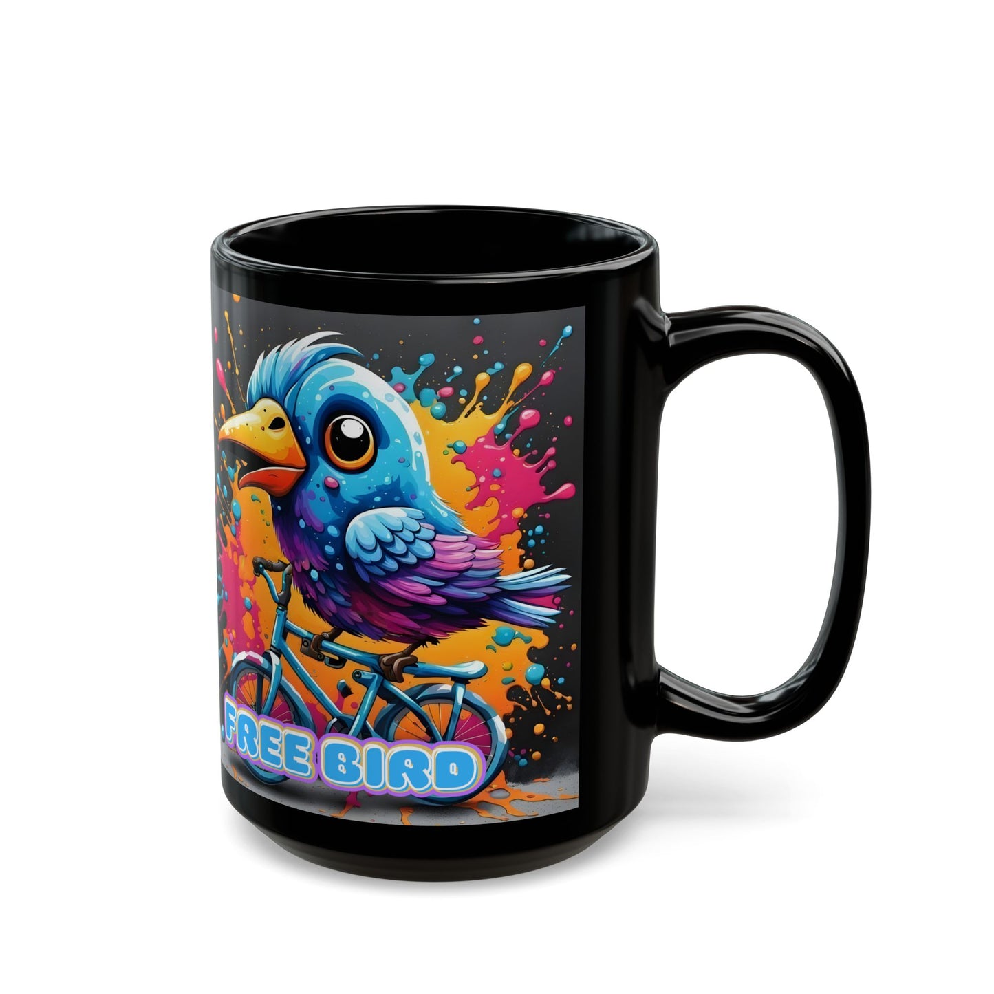 Free Bird Coffee Mug: Colorful Cycling Bird Art, Black Ceramic