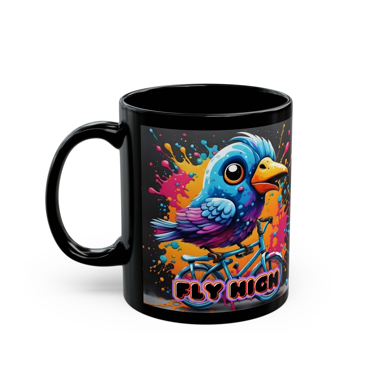 Free Bird Coffee Mug: Colorful Cycling Bird Art, Black Ceramic