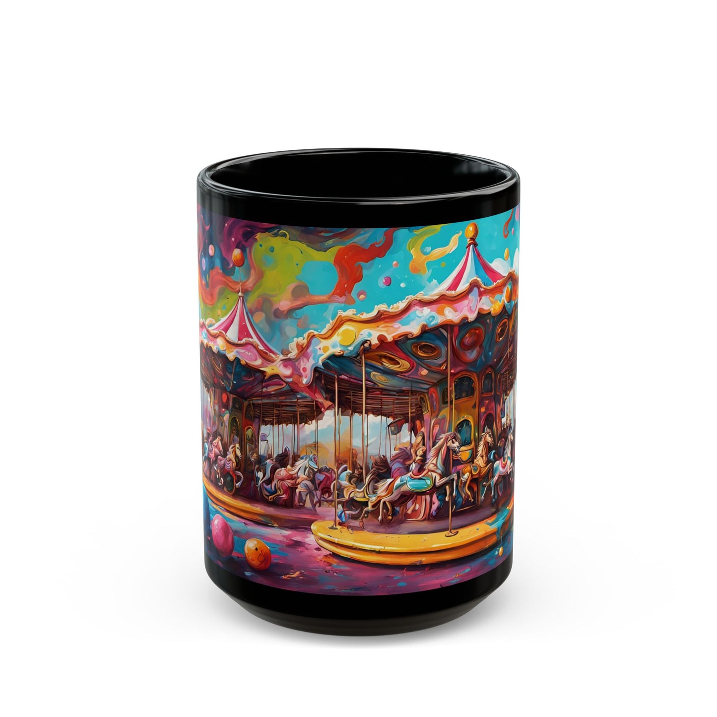 Psychedelic Circus Coffee Mug: Unique Clown Art Black Ceramic Cup