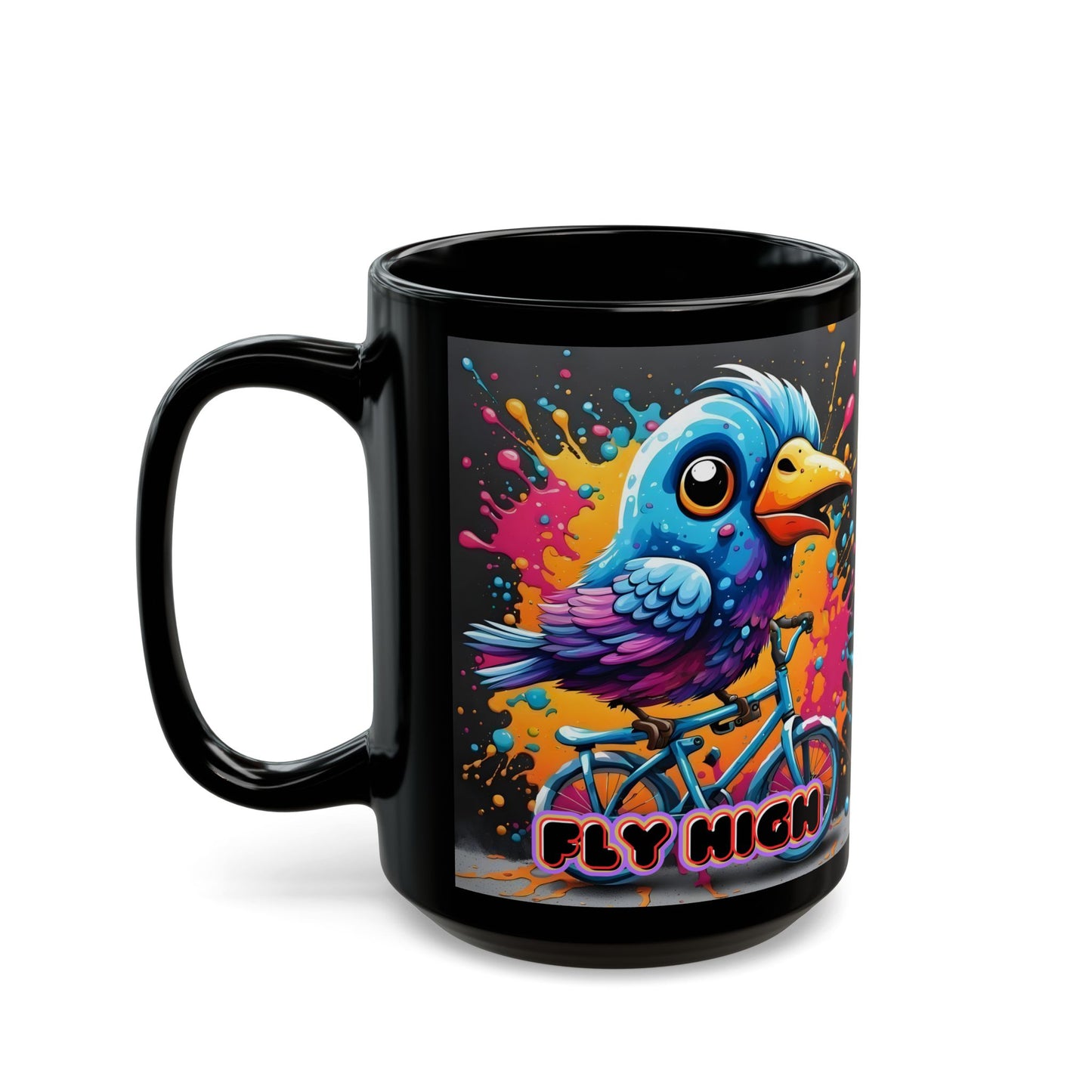 Free Bird Coffee Mug: Colorful Cycling Bird Art, Black Ceramic