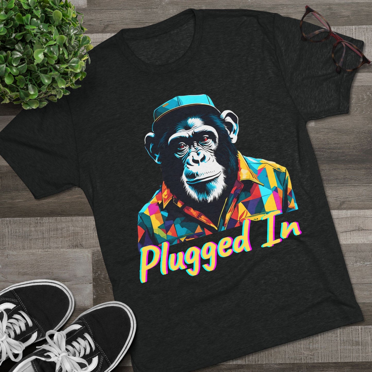 Plugged In Chimp TShirt Bold and Colorful Urban Streetwear Trap or Cap Brand