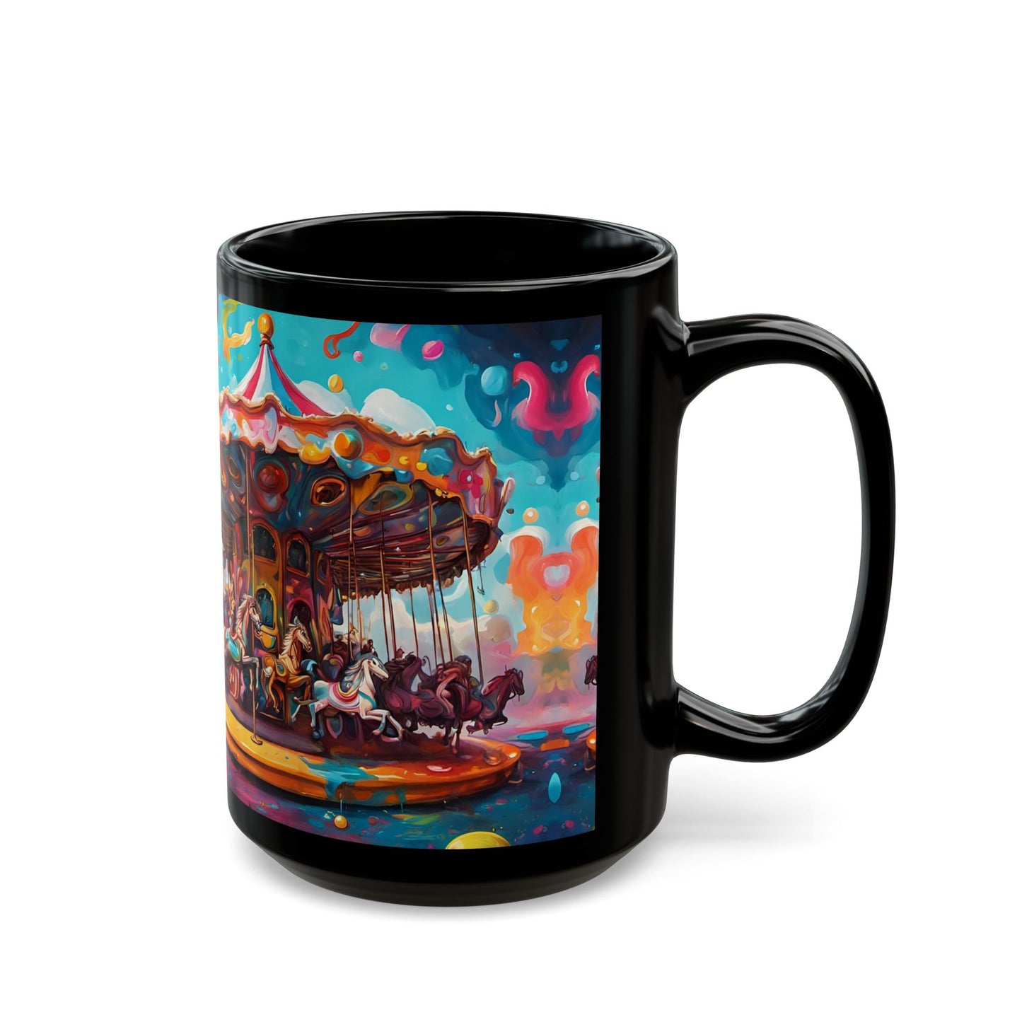 Psychedelic Circus Coffee Mug: Unique Clown Art Black Ceramic Cup