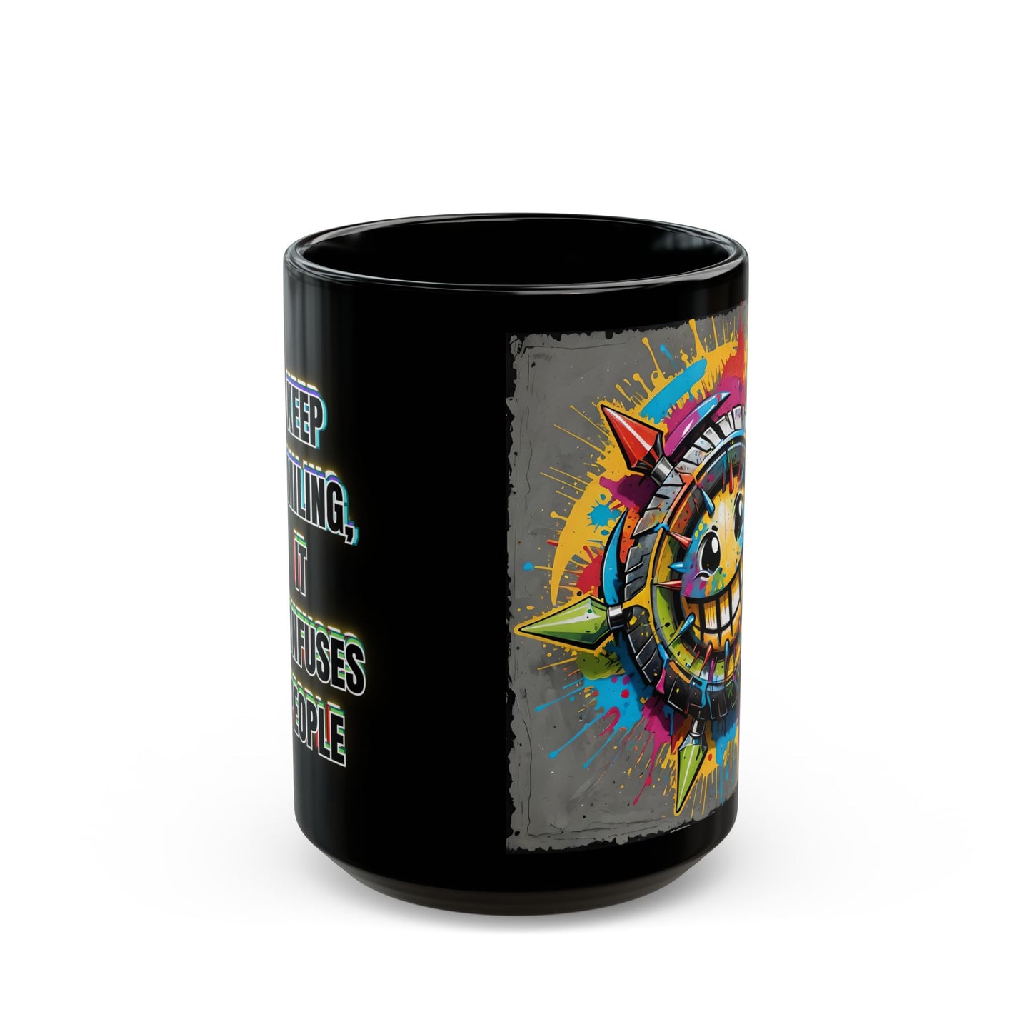Keep Smiling Mug: Colorful Spiky Gear Art Coffee Cup