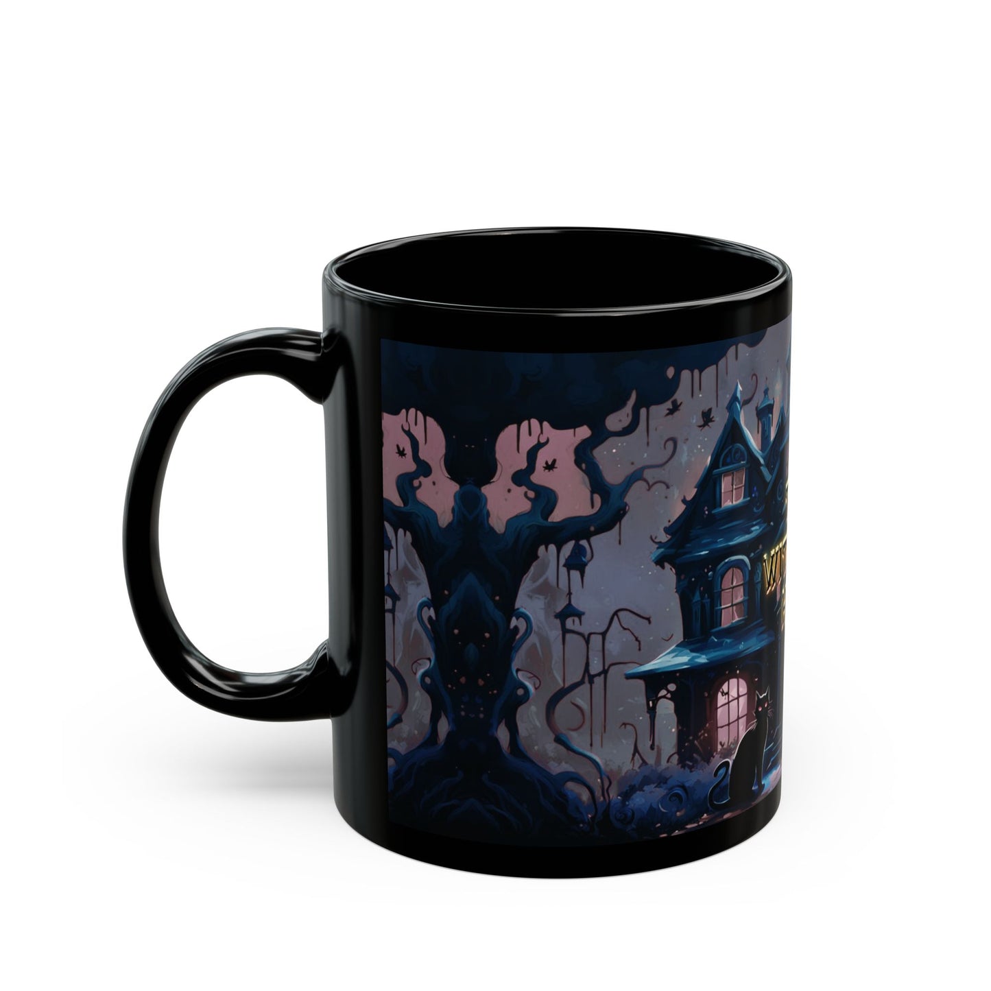 Gothic Haunted House Mug: Spooky Black Cat Halloween Coffee Cup