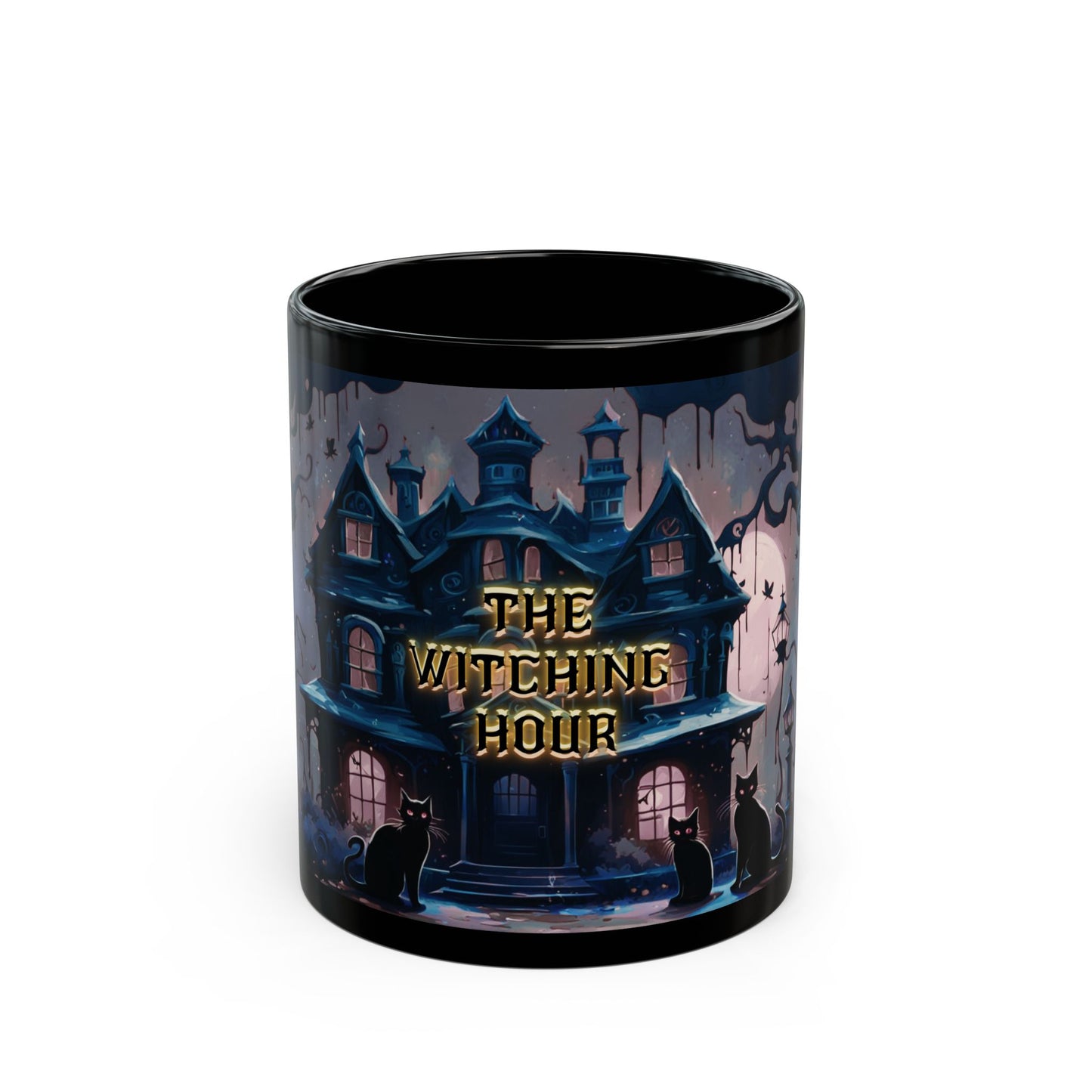 Gothic Haunted House Mug: Spooky Black Cat Halloween Coffee Cup