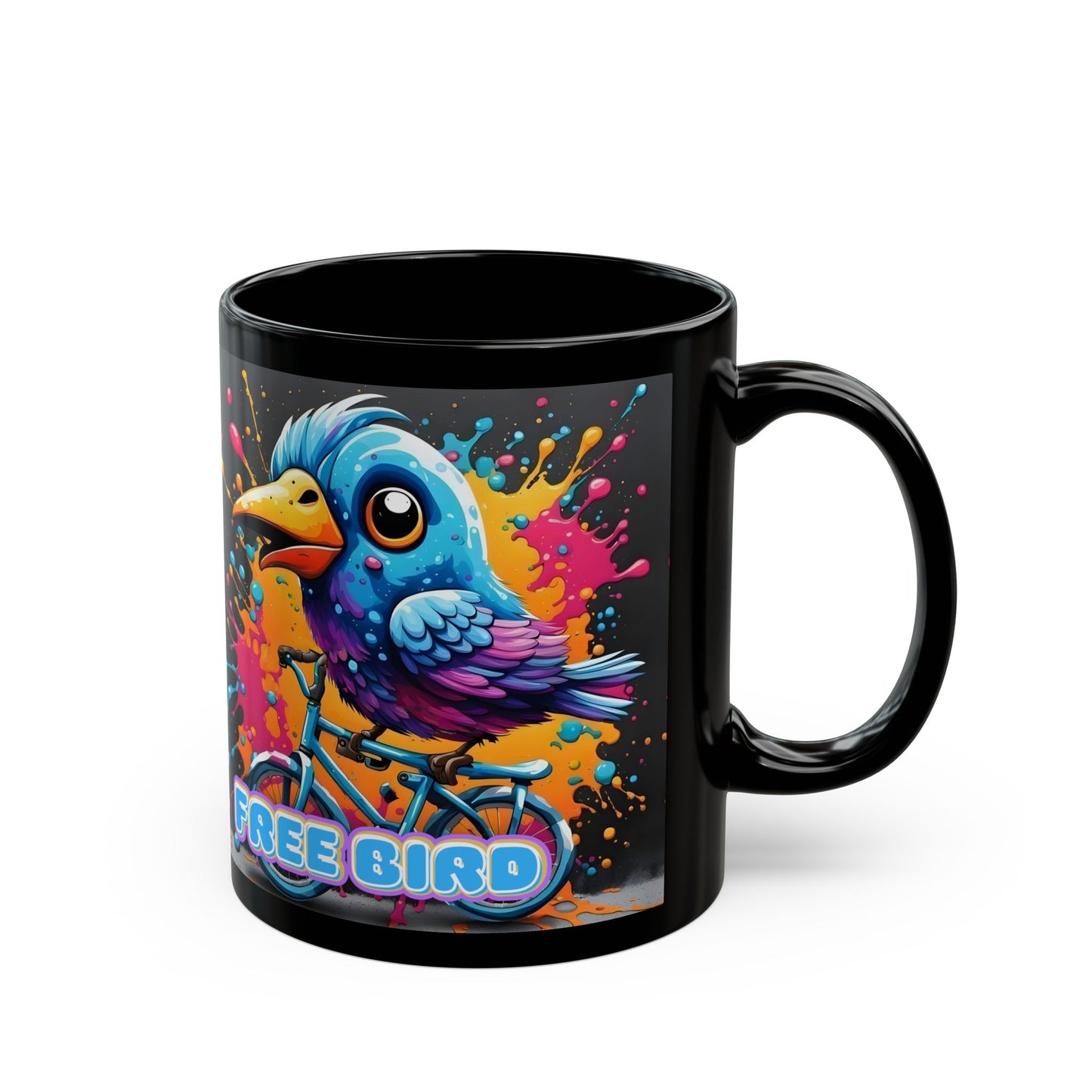 Free Bird Coffee Mug: Colorful Cycling Bird Art, Black Ceramic