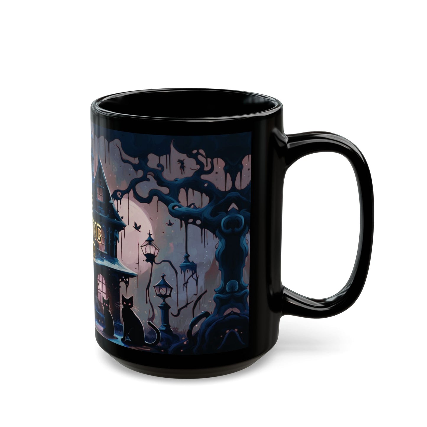 Gothic Haunted House Mug: Spooky Black Cat Halloween Coffee Cup