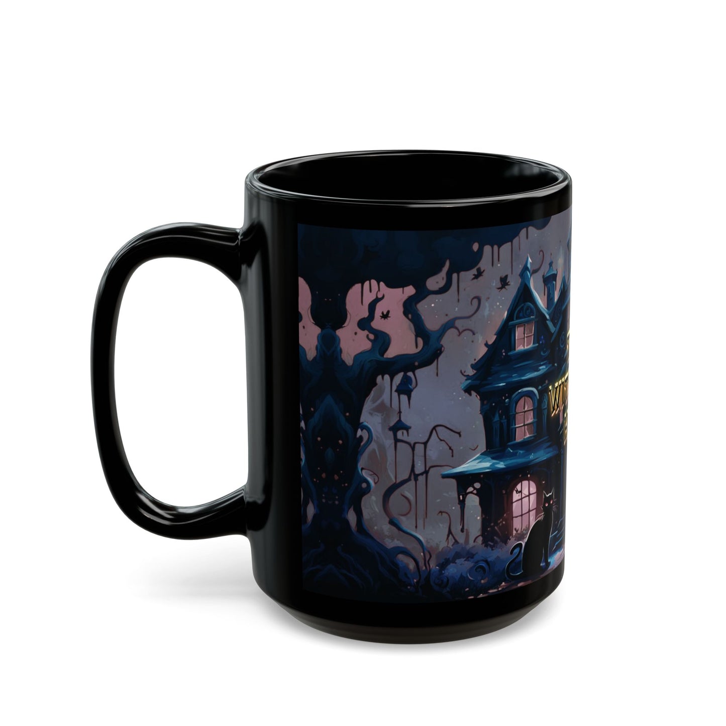 Gothic Haunted House Mug: Spooky Black Cat Halloween Coffee Cup