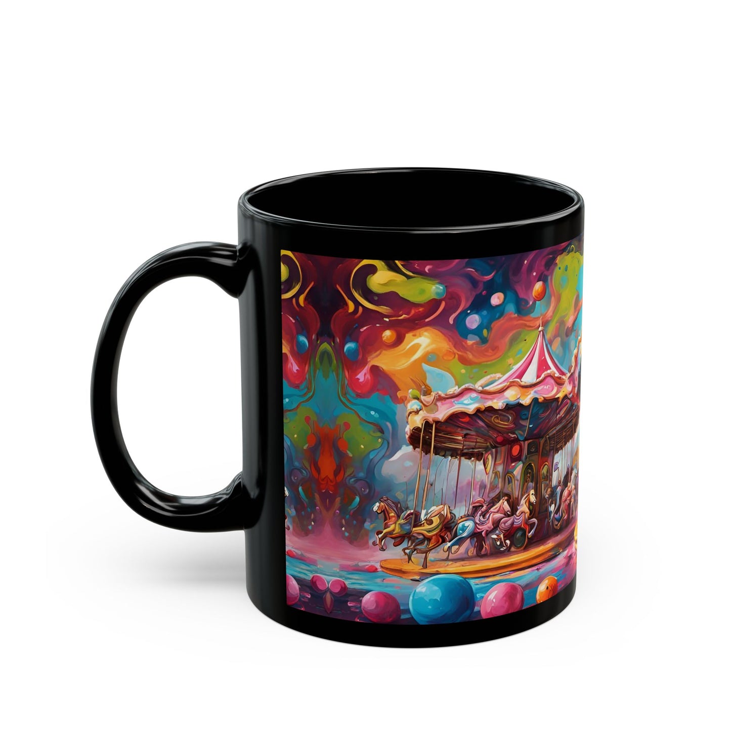 Psychedelic Circus Coffee Mug: Unique Clown Art Black Ceramic Cup