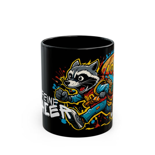 Caffeine Dealer Mug – Black Ceramic Gamer Coffee Cup with Raccoon Loot Art