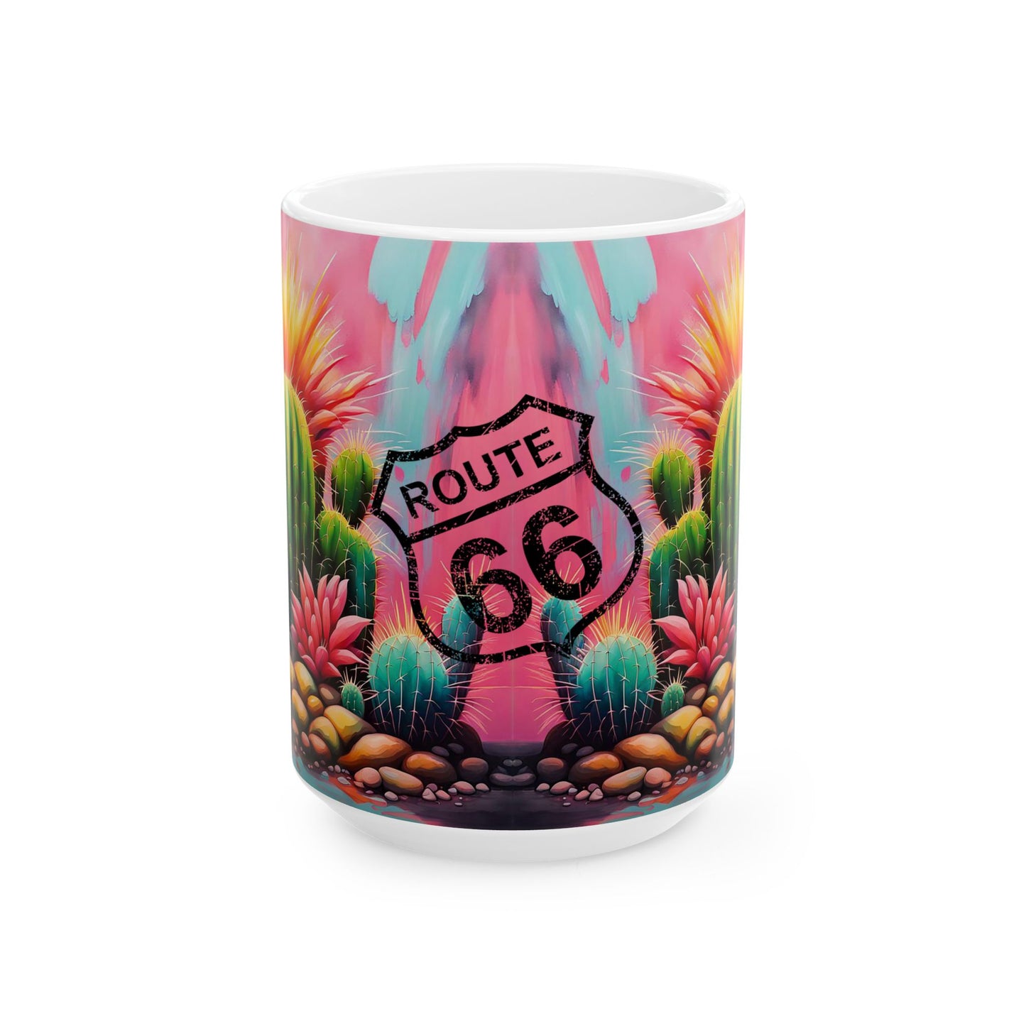 Route 66 Cactus Coffee Mug – Southwest Desert Travel Design, 11oz & 15oz Ceramic Cup