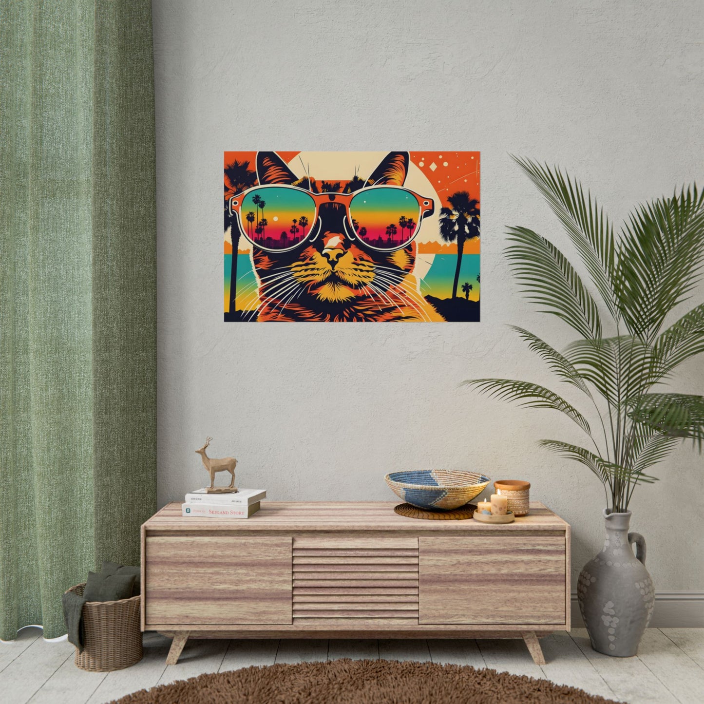 80s Retro Cat Art Print – Vintage Pop Art Wall Poster for Home Décor