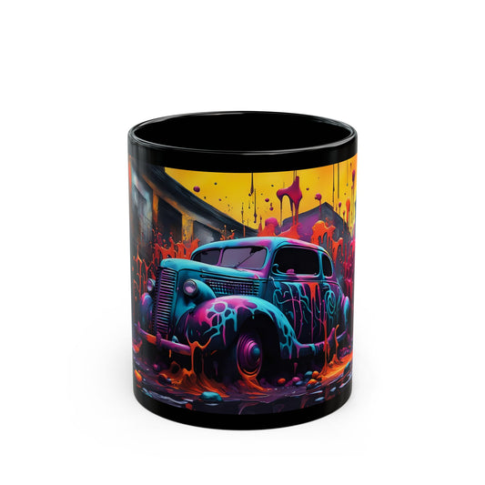 Vintage Car Art Mug | Colorful Dripping Paint Design | Unique Coffee Cup | Retro Car Enthusiast Gift | Vibrant Drinkware | Artistic Mug