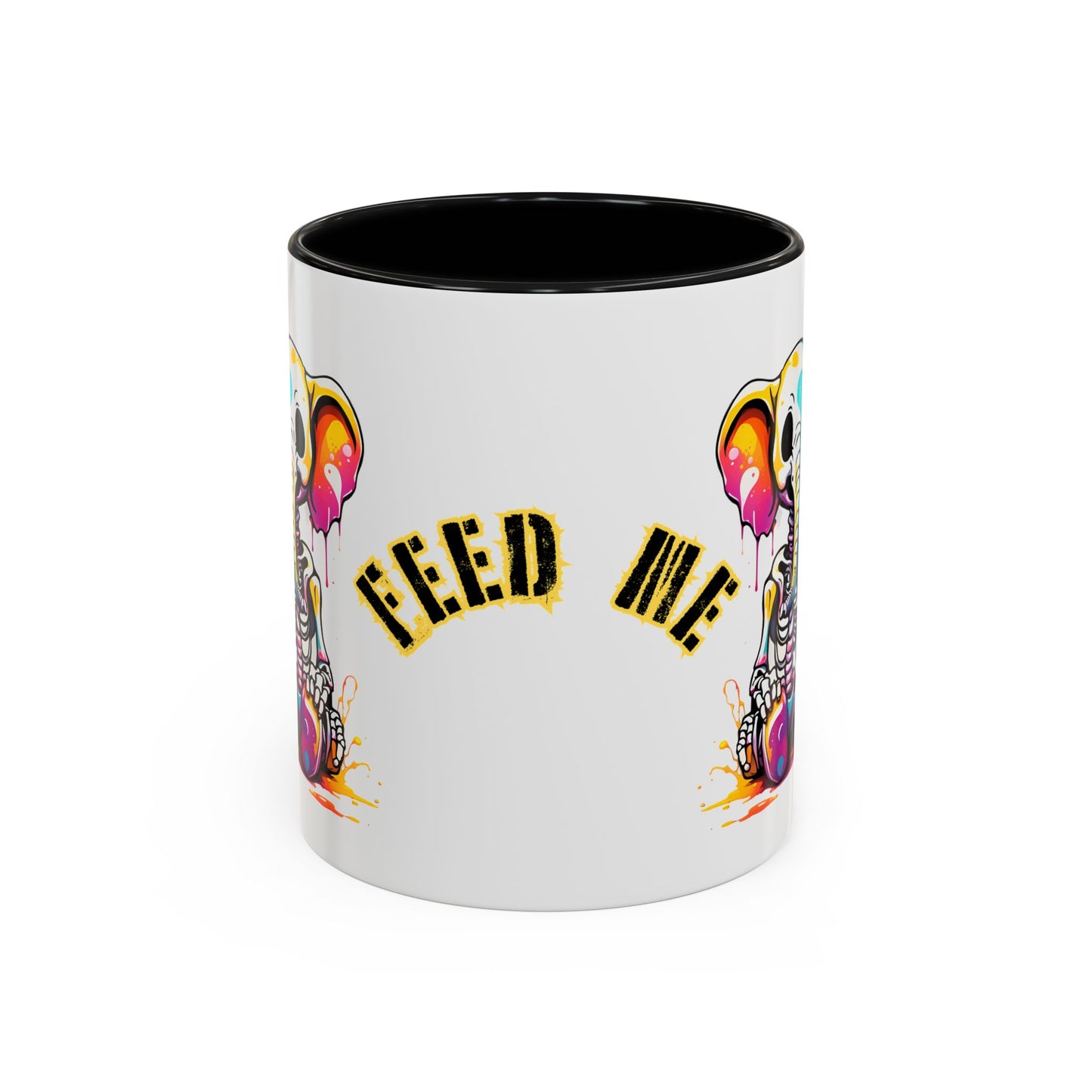 Cartoon Skeleton Elephant Mug | Feed Me Quote | Colourful Two-Tone Ceramic Coffee Cup