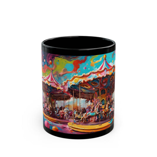 Psychedelic Circus Coffee Mug: Unique Clown Art Black Ceramic Cup
