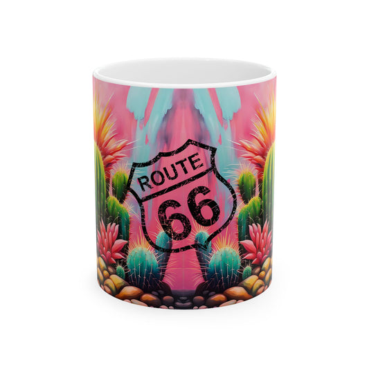 Route 66 Cactus Coffee Mug – Southwest Desert Travel Design, 11oz & 15oz Ceramic Cup