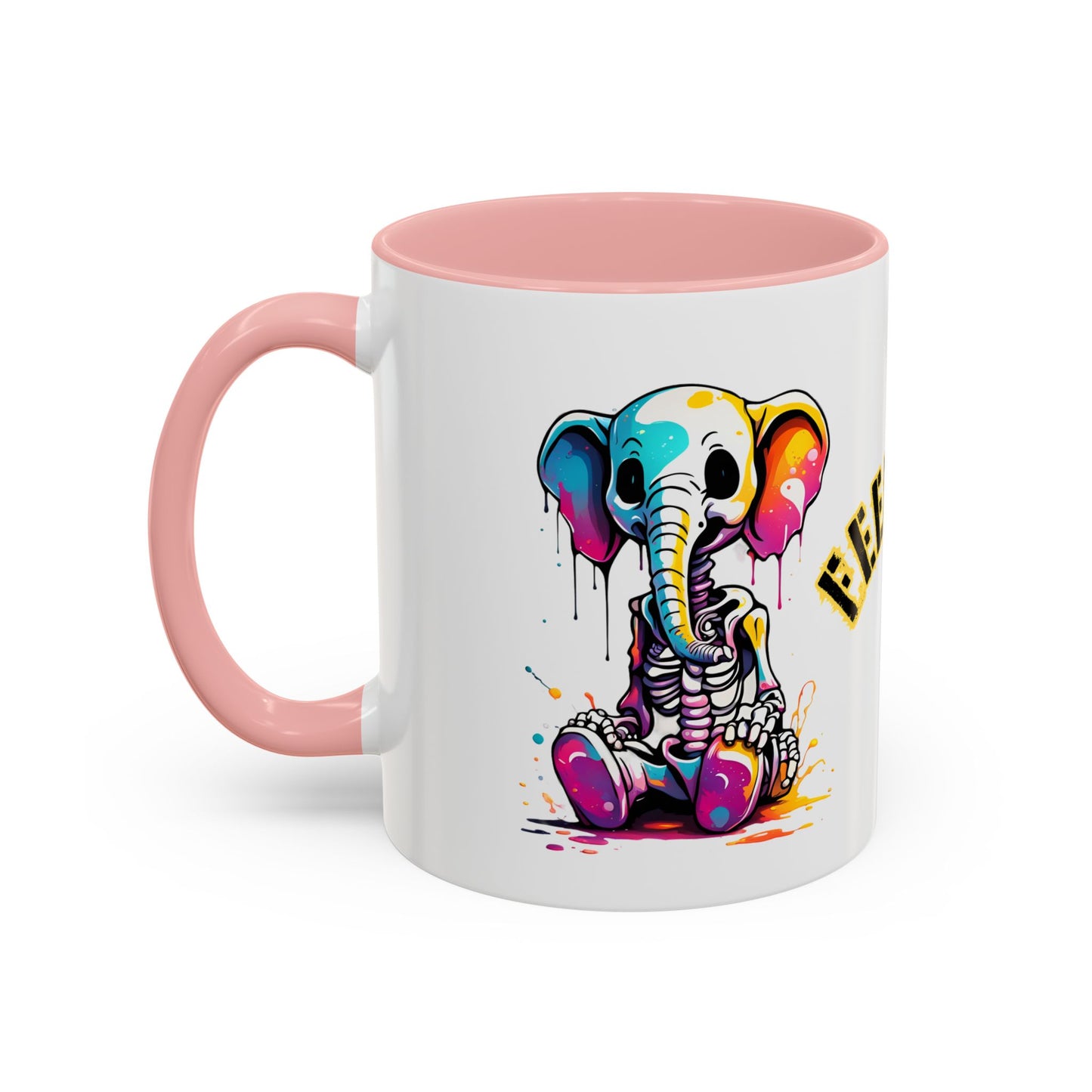 Cartoon Skeleton Elephant Mug | Feed Me Quote | Colourful Two-Tone Ceramic Coffee Cup