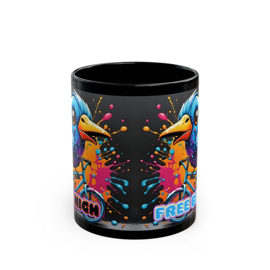 Free Bird Coffee Mug: Colorful Cycling Bird Art, Black Ceramic