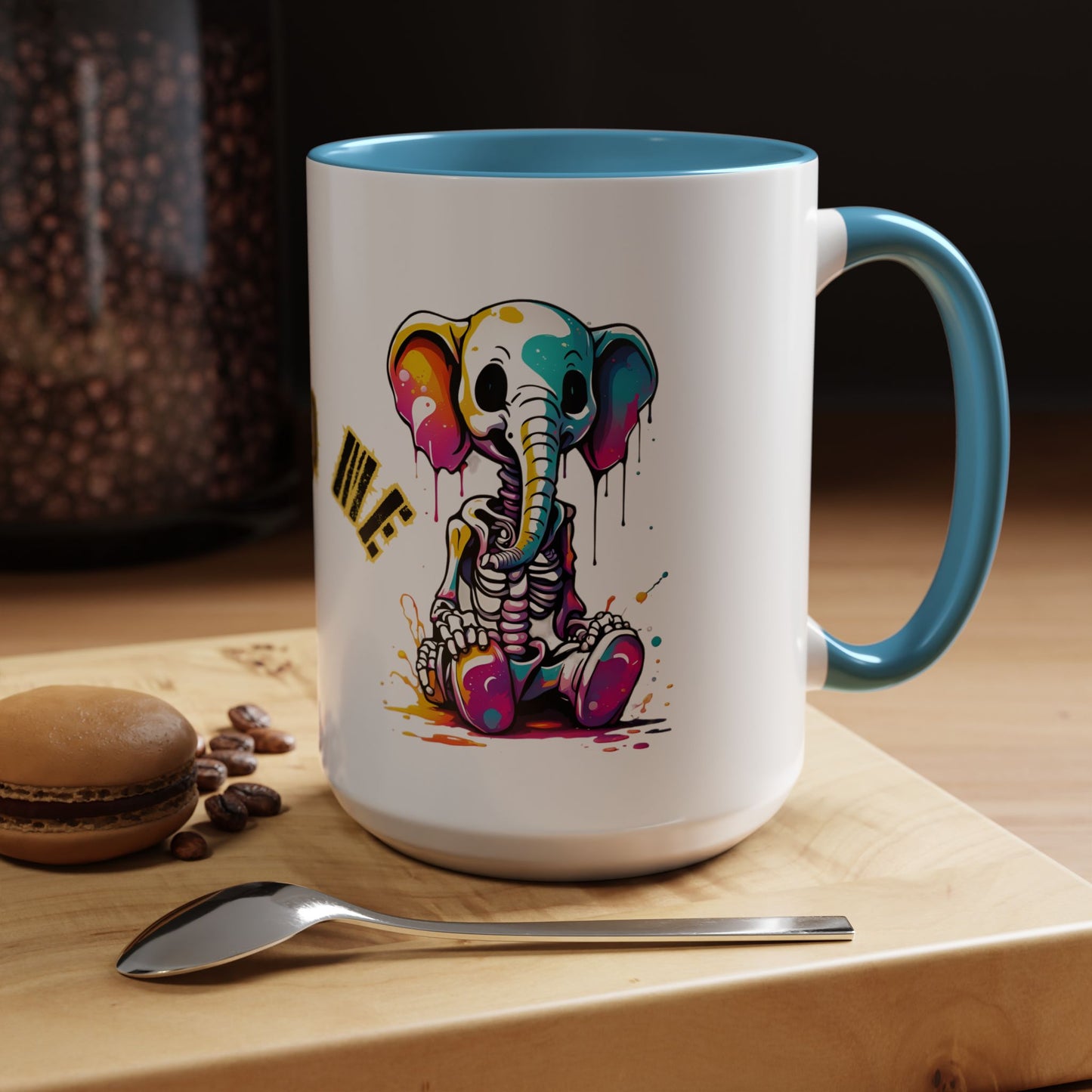 Cartoon Skeleton Elephant Mug | Feed Me Quote | Colourful Two-Tone Ceramic Coffee Cup