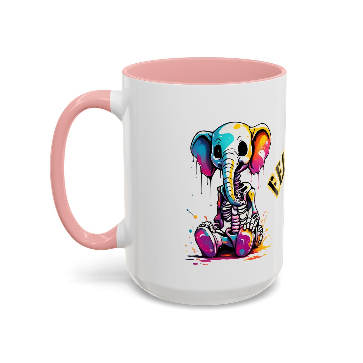 Cartoon Skeleton Elephant Mug | Feed Me Quote | Colourful Two-Tone Ceramic Coffee Cup