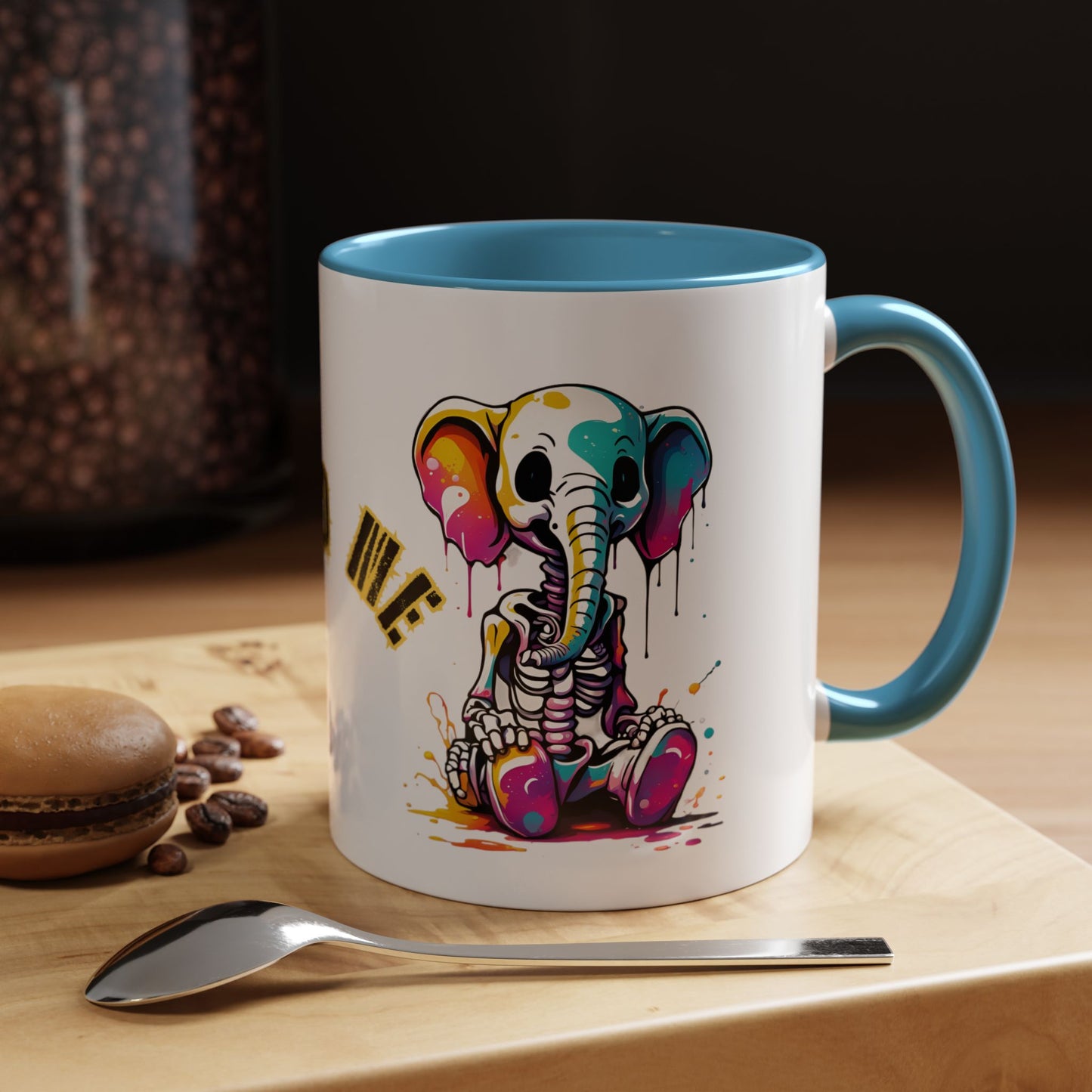 Cartoon Skeleton Elephant Mug | Feed Me Quote | Colourful Two-Tone Ceramic Coffee Cup