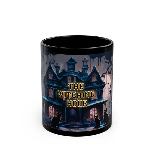 Gothic Haunted House Mug: Spooky Black Cat Halloween Coffee Cup