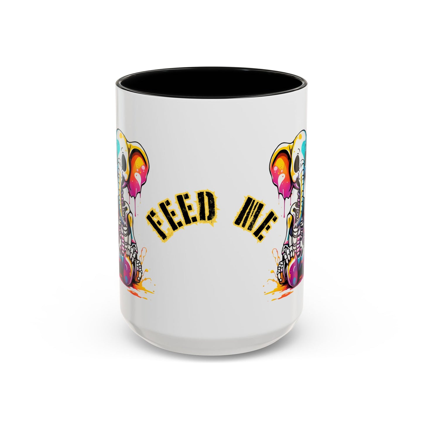 Cartoon Skeleton Elephant Mug | Feed Me Quote | Colourful Two-Tone Ceramic Coffee Cup